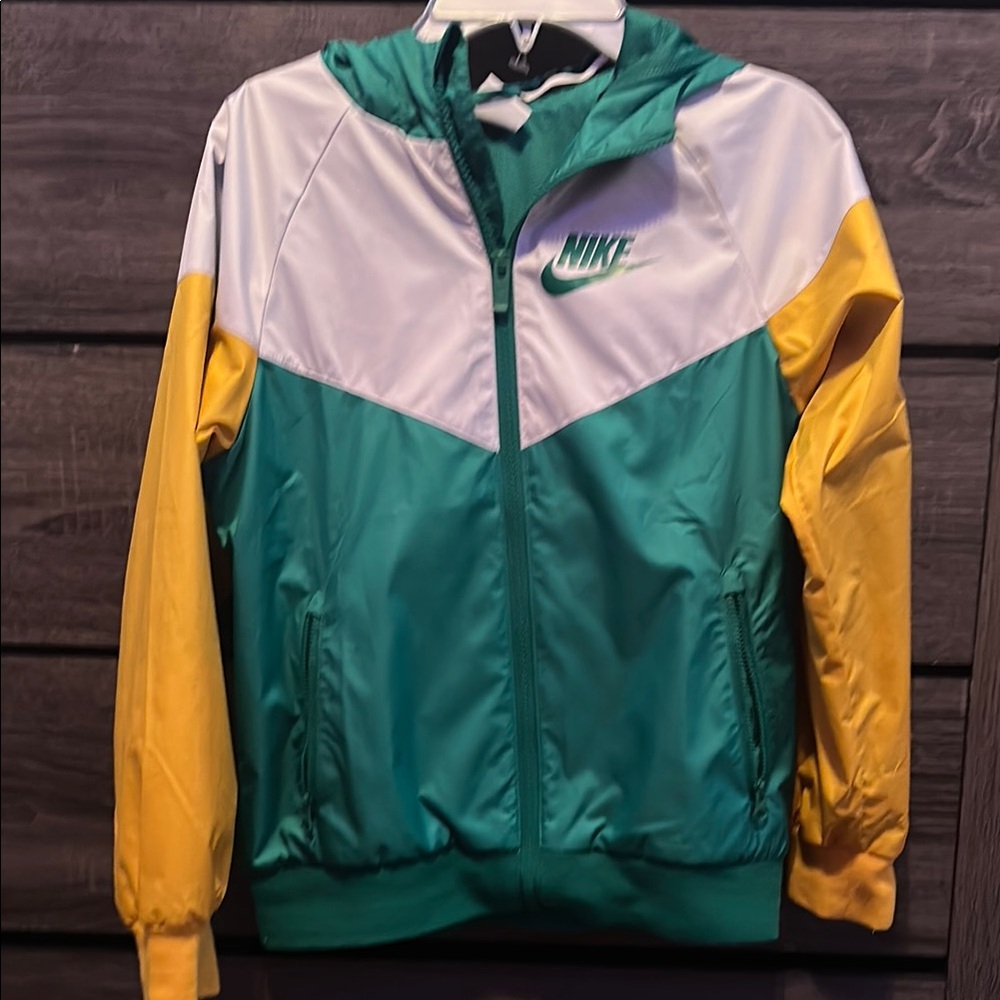 Nike Green and Yellow Raincoat with Full-Zip and Standing Collar